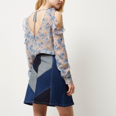 Denim patchwork mini skirt